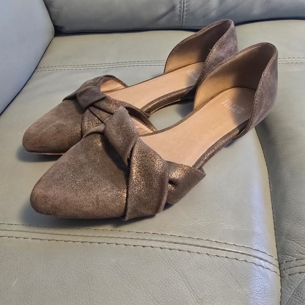 Eileen Fisher Womens Metallic Bronze Suede Knot D'Orsay Pointed Toe Flats Size 8